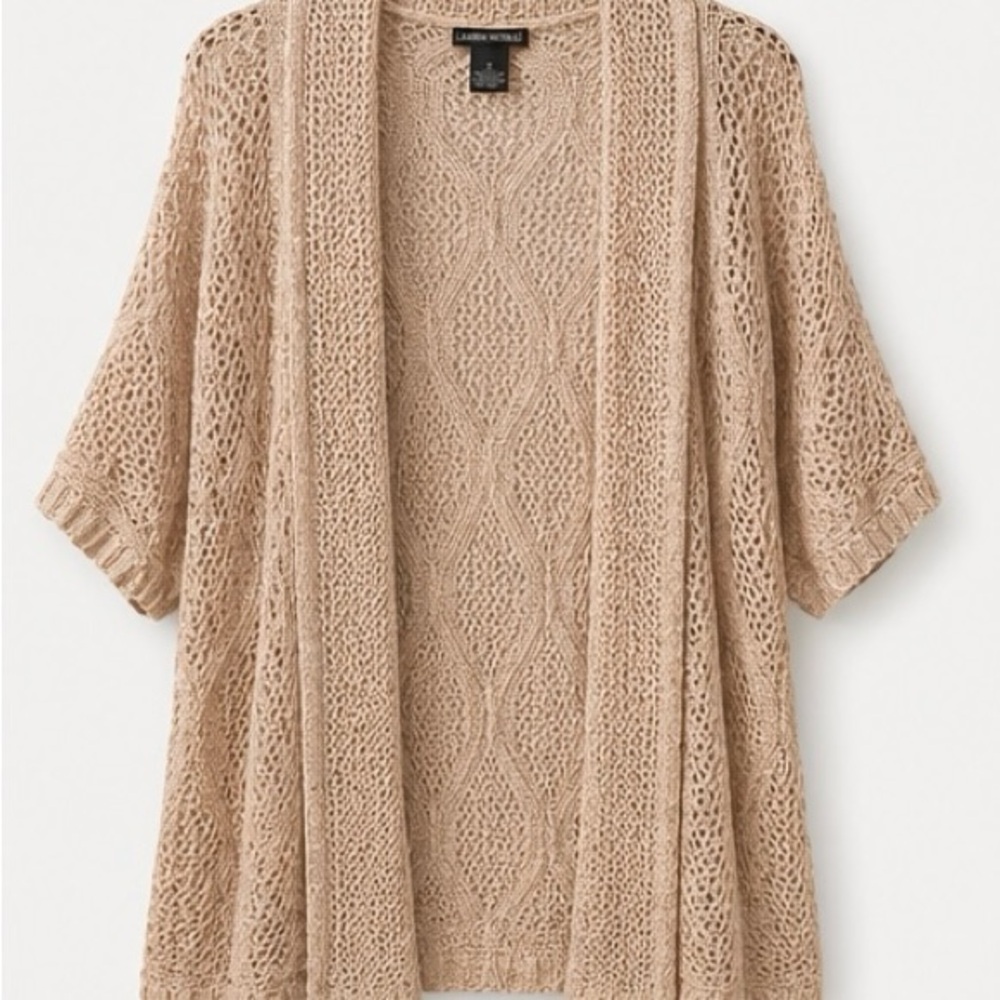 Lauren Michelle Women’s Crochet Open Front Cardigan Size Small Beige Knit Top